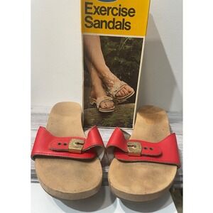 Vintage Dr Scholls Exercise Sandals Red Leather Wood Slides Womens 8 Austria